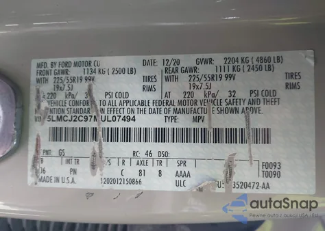 2021 Lincoln Corsair Reserve z USA, uszkodzony, nr VIN 5LMCJ2C97MUL07494